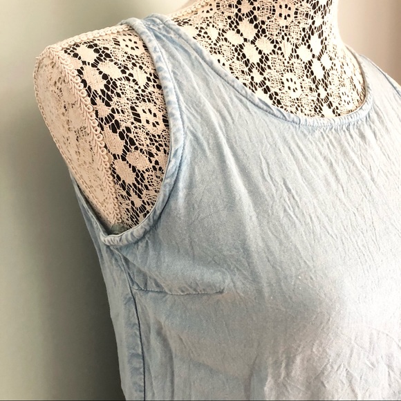 Style Envy Chambray Button Back Ruffle Top - Picture 3 of 5